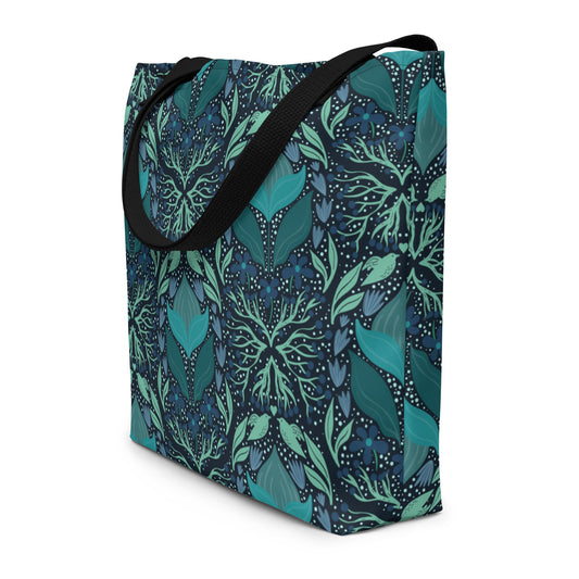 Teal Flower All-Over Print Large Tote Bag